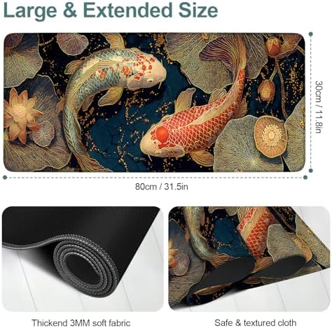 Koi Fish Gaming Mouse Pad 31.5"x11.8" Large Extended Pad Desk Mat Anti-Slip Rubber Base & Durable Stitched Edges for Gamers Smooth Mouse Pad Writing Surface for Desk Office/Home - Image 2