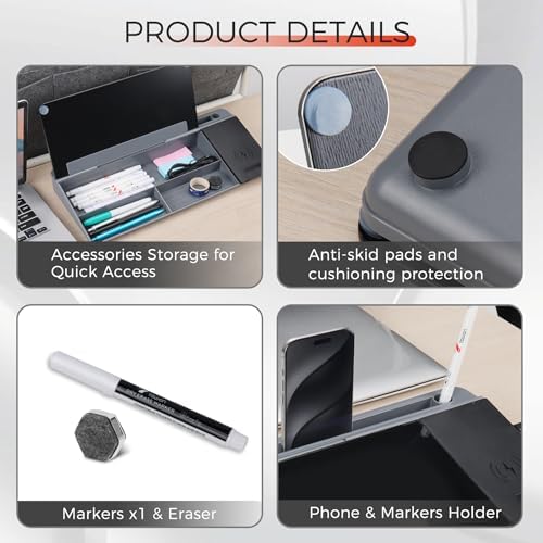 TOWON Glass Desk Whiteboard 16x7 in, Wireless Charger and Storage, Black - Image 3