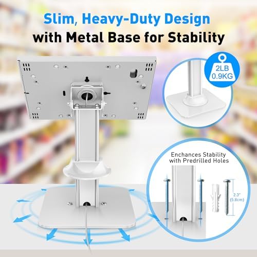 AboveTEK Anti-Theft iPad Kiosk Stand – POS iPad Security Stand & Locking Tablet Holder – Heavy Duty Base, 360° Swivel, 75° Tilt Bracket – Perfect for Retail Business (White) - Image 6
