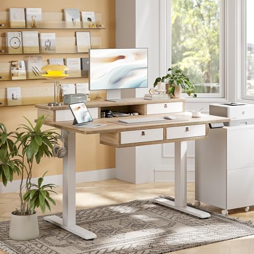 TIQLAB 48 * 28 Inch Standing Desk with Four Drawers, Electric Sit Stand Table, Stand Up Desk Adjustable Height with Storage Shelf, Splice Board, Maple - Image 2