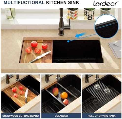 Lordear 32 Inch Black Granite Composite Kitchen Sink Workstation 32x19 Matte Black Undermount Quartz Sinks Under Counter Single Bowl Sink with Black Accessories - Image 5