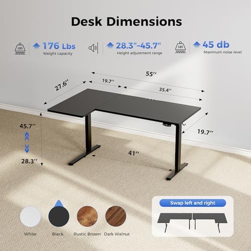 Agilestic 55 * 28 Inch Reversible L Shaped Electric Standing Desk, Black - Image 3