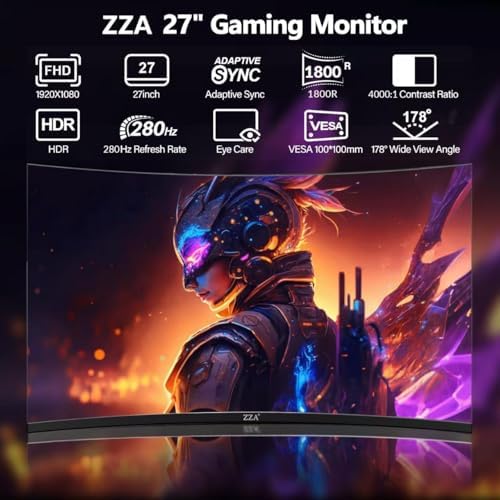 ZZA 27 Inch Gaming Monitor 280Hz/240Hz FHD 1080P,Curved Monitor 1800R VA Screen,Monitor 27 Inch 4000:1 120% sRGB,1Ms,AMD FreeSync,HDR,Low Blue Light,HDMI DP,VESA Support, DP Cable Incl - Image 2