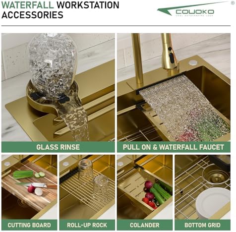 33 Gold Drop In Workstation Waterfall Kitchen Sink with Accessories - Image 4