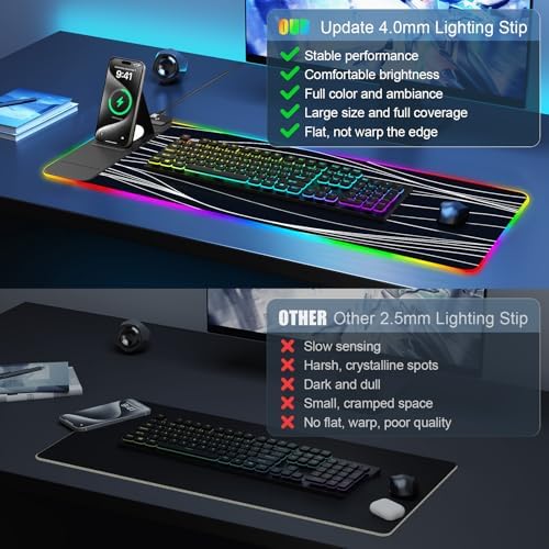 Mouse Pad with Foldable Phone Holder & Wireless Charger, XL RGB Gaming Mousepad 31.5"x11.8" Large Desk Mat for Keyboard, Home Desk Pad with Dual Qi Charging Station | 11 Colors & 5 Modes | Waterproof - Image 7