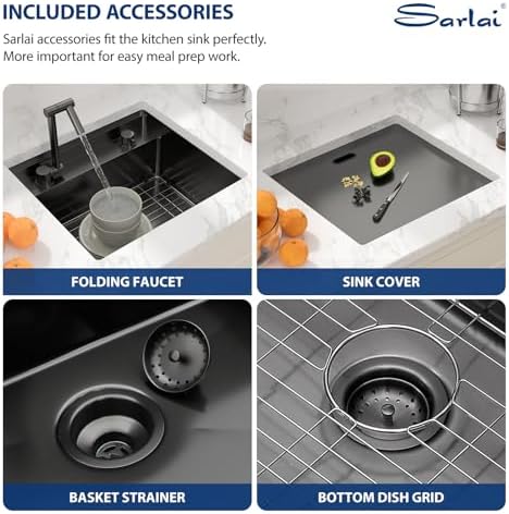 Sarlai Black Undermount Bar Sink With Foldable Faucet - 21x19 Inch Outdoor Black Kitchen Sink RV Workstation 16 Gauge Stainless Steel Single Bowl Handmade Outdoor BBQ Sinks with Lid - Image 6