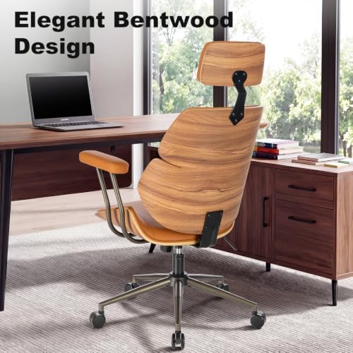 Mid-Century High Back Leather Office Chair with Headrest, Brown - Image 4