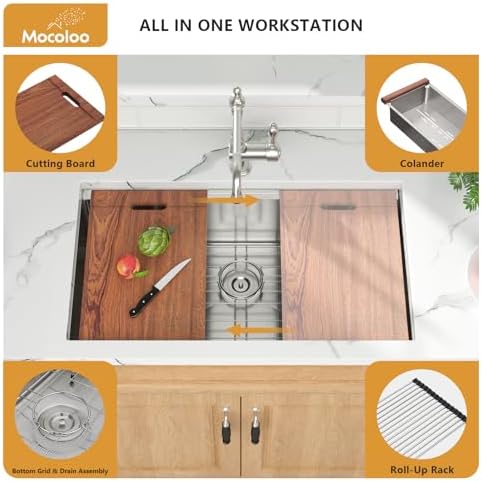 33 Undermount Kitchen Sink - Mocoloo 33 x 19 Undermount Sink Workstation Stainless Steel Kitchen Sinks 16 Gauge Single Bowl Handmade,10'' Deep Basin - Image 6