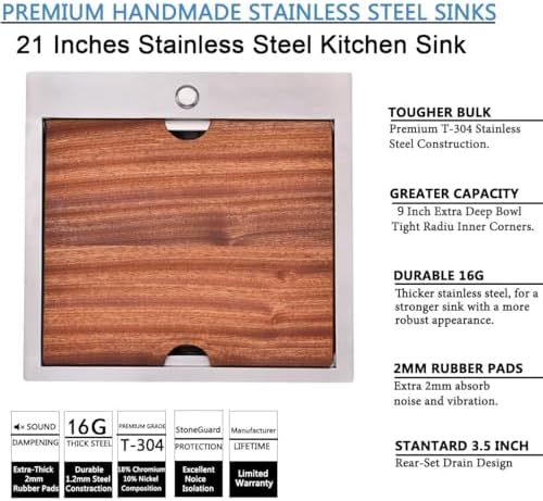 VAPSINT 21x20 Inch Drop In Kitchen Sink Workstation, 21 Inch Topmount Kitchen & Bar Sink 16 Gauge Stainless Steel Handmade Single Bowl Small Kitchen Sinks for RV Wet Prep with Accessories - Image 5