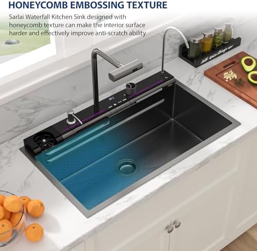 Sarlai Waterfall Kitchen Sink - 30 Inch Black Drop In Workstation Sink With Waterfall 33x19 Inch Black Stainless Steel 16 Gauge Multifunction Single Bowl Top Mount Kitchen Sinks with HoneyComb Finish - Image 5