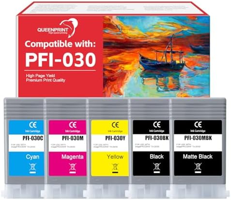 PFI-030 Ink Cartridge Replacement for Canon PFI030 Ink for imagePROGRAF TA-20 TA-30 TM-240 TM-340 Printers, 5-Pack PFI030 Pigment Ink Tank Set (PFI-030MBK PFI-030BK PFI-030C PFI-030M PFI-030Y, 55ML) by QUEENPRINT