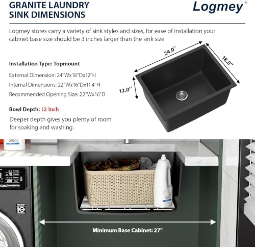 Logmey 24 Inch Black Undermount Laundry Sink - Image 7
