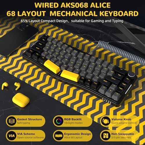 AJAZZ AKS068 65% Wired Mechanical Gaming Keyboard with Coiled Cable, 68-Key Alice-Layout Mechanical Keyboard, RGB Hot Swappable Red Switches VIA/QMK Programmable Knob Gasket Mount for Win/Mac (Black) - Image 2