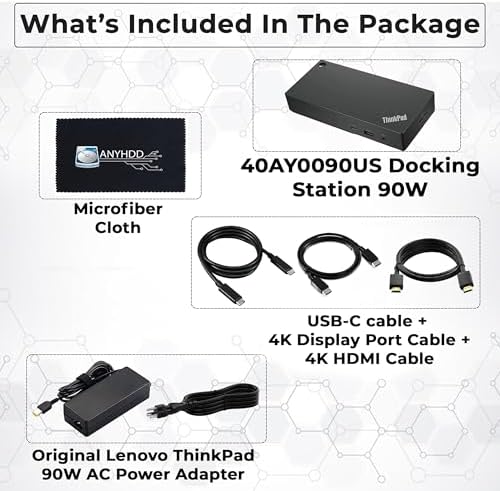 Lenovo 40AY0090US Dock Dual Monitor Bundle - Lenovo Docking Station USB C with 90W AC Adapter + 4K HDMI Cable + 4K DisplayPort Cable + USB-C Cable + Microfiber Cloth - Supports 4K Display (Renewed) - Image 2