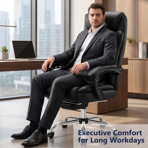 Ergonomic Office Chair Executive PU Leather High Back, 400lbs Heavy Duty Reclining Desk Chair with Footrest, Adjustable Lumbar Support, Padded Armrests, Wide Seat, Black - Image 3