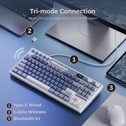 RK ROYAL KLUDGE M87 Wireless Gaming Keyboard with Screen & Dual Knobs, Blue - Image 4