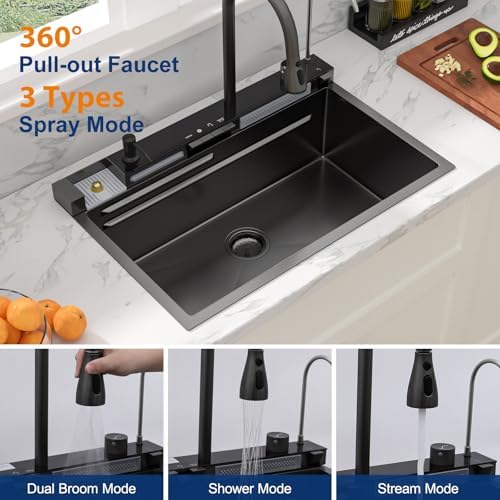 Sarlai Waterfall Kitchen Sink - 30 Inch Drop In Workstation Sink With Waterfall Black Stainless Steel 16 Gauge Multifunction Single Bowl Smart Top Mount Kitchen Sinks with Mechanical Keys 30x19 Inch - Image 7