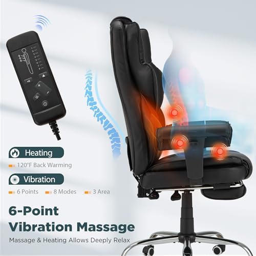 HOMREST Ergonomic Executive Chair with 6-Point Vibration & Heat, Reclining PU Leather Big & Tall Desk Chair, Retractable Footrest & Adjustable Armrest for Home Office Gaming Study, Black - Image 5