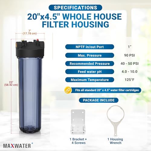 Max Water Whole House Water Filter Housing, Fits 20" x4.5" Big Filter Blue Pre-Filtration System for Well and City Water, 1 inch NPT Ports with Wrench and Bracket (Clear Housing) - Image 2