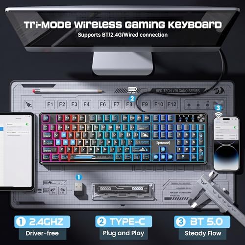 Redragon RM104 Wireless Gaming Keyboard with Knob, Tri-Mode BT/2.4G/USB-C RGB Computer Keyboards, 4000mAh Battery, Programmable Software Support, Anti-Ghosting, Compatible with PC Mac - Black & Blue - Image 3