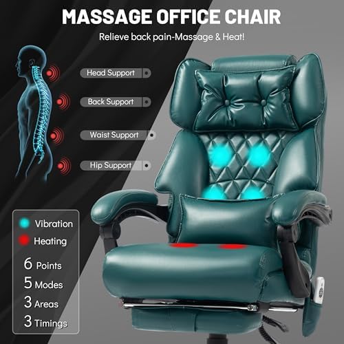 Massage Office Chair with Foot Rest,6 Points Vibration & Heat Executive Office Chairs for Heavy People,500LBS Big and Tall Office Chair,Ergonomic Reclining Desk Chair,Dual-Use Pillow,Home Office,Green - Image 4