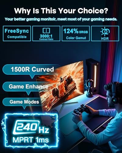 SANSUI 24 Inch Curved 240Hz Gaming Monitor FHD 1080P, 1500R Curved Computer - Image 2