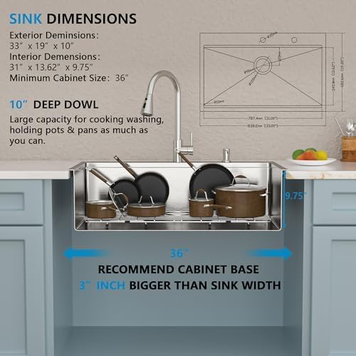 33 Kitchen Sink Drop In - Fulorni 33"x19" Ledge Workstation Top Mount 16 Gauge 304 Stainless Steel Over Mount Single Bowl Sink Basin with Faucet, Soap Dispenser - Image 5