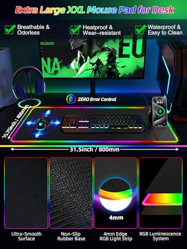 Mouse Pad with Foldable Phone Holder & Wireless Charger, XXL RGB Gaming Mousepad 31.5"x15.8" Large Desk Mat for Keyboard, Black Desk Pad with Dual Qi Charging Station | 11 Colors 5 Modes | Waterproof - Image 5