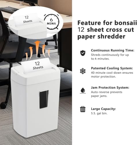 Bonsaii Heavy-Duty Cross-Cut Shredder, Handles up to 12 Sheets at Once, Providing P-4 high Security, Credit Cards, Mail & taples, 5.5-Gallon bin with a Transparent Window, Use in Home Offices, White - Image 5