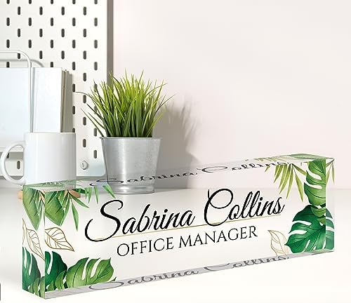 Custom Name Plate for Desk, Desk Name Plate Personalized, Office Decor for Women Men, Acrylic Desktop Accessories, Office Appreciation Gifts for Boss Social Workers Nurse Teacher Employee(Green Leaf) by Spricoz