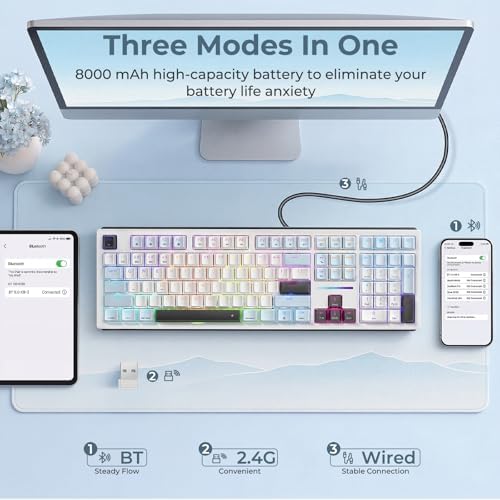 Redragon K771 Wireless Mechanical Keyboard, 108-Key Gaming Keyboard with 4 Extra Hotkeys, 5-Layer Noise Dampening, Pre-lubed Linear Switches, Hot-swap Custom RGB Keyboard for PC/Mac - Blue&White - Image 3