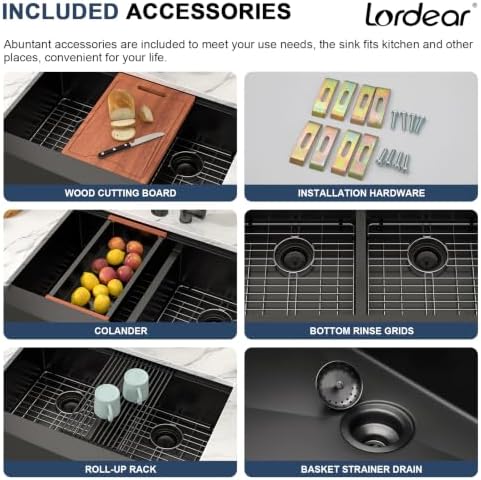 Lordear Matte Black Double Bowl Farmhouse Kitchen Sink Apront Front - Image 4