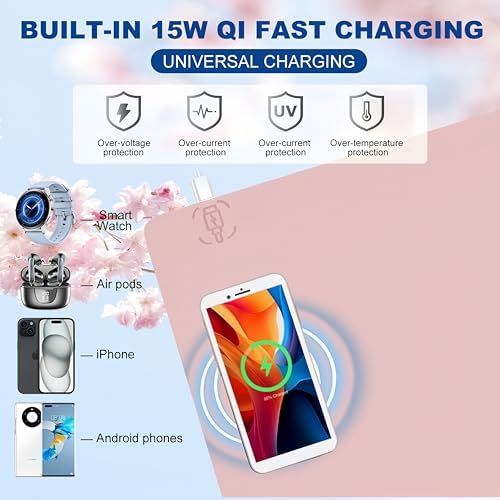 Desk Mat with Wireless Charging, Pink Mouse Pad with Wireless Charger, Desk Pad Matt for Desktop, Mousepad Gaming Large Mouse Pad, Leather Compute for Keyboard and Mouse, 32" x 16" - Image 2