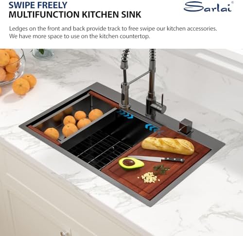 Sarlai 33 Black Kitchen Sink Drop In - 33" x 22" Kitchen Sink Drop In Workstation Topmount Gunmetal Black Stainless Steel 16 Gauge Single Bowl Over Counter Sinks Basin - Image 6
