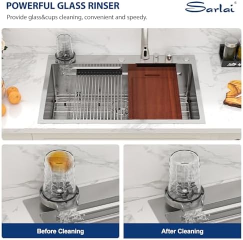 Sarlai 33 Waterfall Kitchen Sink 33"x22" Drop In Workstation Sink Topmount - Image 6