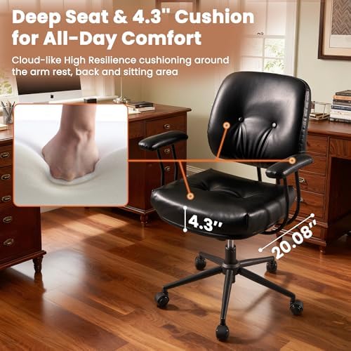 Leather Home Office Chair, Mid Back Ergonomic Desk Chair with Lumbar Support, Mid Century Modern Deep Seat Swivel Rocking Computer Chair, Black - Image 3