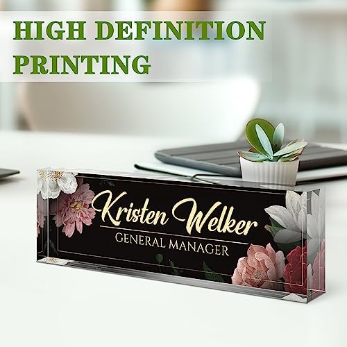 Name Plate for Desk, Desk Name Plate Personalized, Office Decor for Women Men, Acrylic Desktop Accessories, Office Appreciation Gifts for Boss Social Workers Nurse Teacher Employee (Black/Flowers) - Image 3