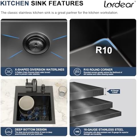 Lordear 13"x15" Bar Sink with Faucet - Drop In Bar Sink Workstation 16 Gauge 304 Stainless Steel Single Bowl Top Mount Wet Bar RV Prep Outdoor Kitchen Sink 13x15x9 Inch - Image 6
