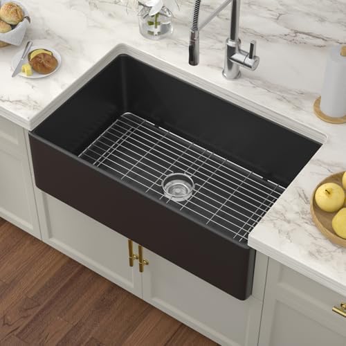 Black Fireclay Farmhouse Sink - Couoko 33 Inch Matte Black Apron Front Farm Sink Porcelain Farms House Style Single Bowl Farmhoues kitchen Sinks with Luxury Accessories by Couoko