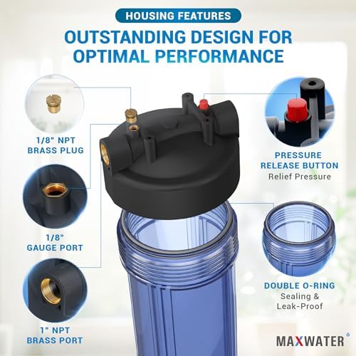 Max Water Whole House 20" x4.5" Purple Clear WH Water Filter Housing 1 inch Inlet/Outlet Ports with Wrench and Bracket (2 Housing) - Image 3