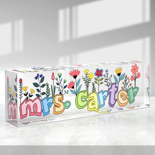Custom Name Plate for Desk - Desk Name Plate Personalized - Acrylic Office Desk Accessories - Teacher Appreciation Gifts for Coworkers Employee Staff Boss - Office Decor for Women (Teacher Flowers) by Purdicra