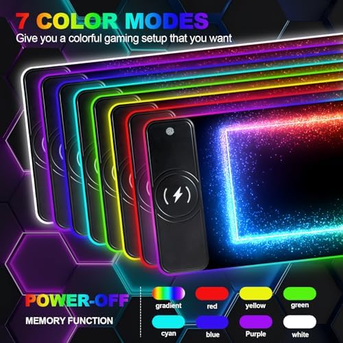 Wireless Charging RGB Gaming Mouse Pad, 31.5 x 11.8 Inch Extended Mouse Mat with Rainbow LED Edge Design, Desk Pad with 7 Lighting Modes, Non-Slip Base for Gaming & Office - Image 3