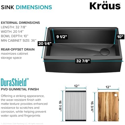 KRAUS Kore Workstation 33-inch Farmhouse Apron Front 16 Gauge Black Stainless Steel Single Bowl Kitchen Sink in PVD Gunmetal Finish with Accessories, KWF210-33/PGM - Image 6