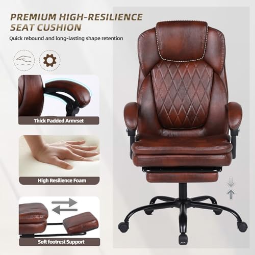 Big and Tall Office Desk Chair, Executive Office Chair with Foot Rest, PU Leather Comfy Reclining Office Chairs for Heavy People, Wide Ergonomic High-Back Computer Chairs, Brown - Image 6