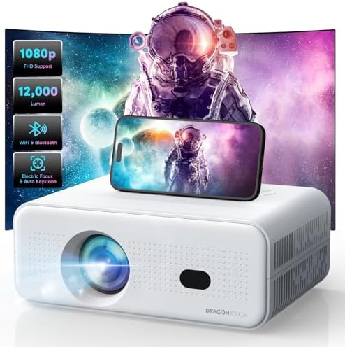 Electric Focus Mini Projector with 5G WiFi and Bluetooth, Support FHD 1080P Smart Video Projector, 12000L Portable Movie Projector with Auto Keystone Compatible with iOS/Android/TV Stick/HDMI/PS5 by DragonTouch