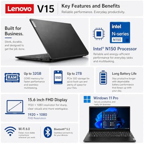 Lenovo V15 Business Laptop | 15.6" FHD LED Display | Intel N-Series Quad-Core Processor | 8GB DDR5 RAM | 512GB PCIE SSD | Ethernet (RJ-45) | HDMI | Dolby Audio | Wi-Fi 6 | Windows 11 Pro - Image 2