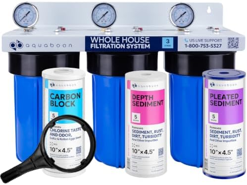Aquaboon 3-Stage Whole House Water Filter System with 5 Micron 10x4.5 House Water Purification Pleated Sediment, Carbon Chlorine Reduction and Reducing Sediment Filter, Pressure Gauge, Wrench, Bracket by Aquaboon