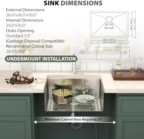 Mocoloo 26 Inch Undermount Kitchen Sink - 26x18 Stainless Steel Sink 16 Gauge Round Corner Single Bowl Deep Basin Under Counter Kitchen Sinks - Image 3