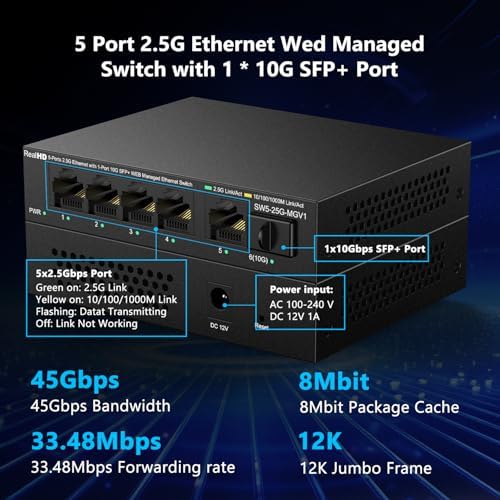 5 Port 2.5GB Web Managed Ethernet Network Switch with Metal Casing, 1 x 10Gb SFP+ Port | 5 x 2.5 Gigabit | Multigig Switch 10-100-1000Mbps | 45G Bandwidth | Fanless Internet Switch - Image 6