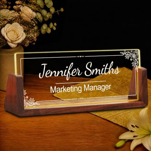 Custom Name Plate for Desk with LED Walnut Frame, Office Desk Decor by Unknown